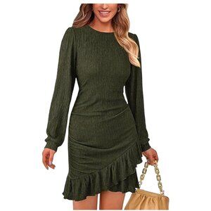 Pretty Garden Womens Large Green Long Sleeve Ruched Ruffle Hem Bodycon Dress